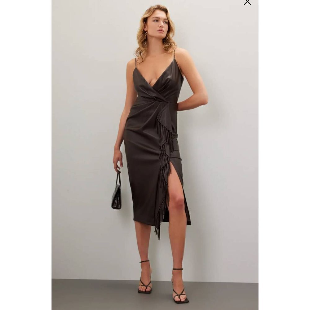 SIMKHAI Women's Faux Leather Carkee Fringe Dress Brown Size 4